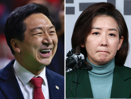 국민의힘 친윤석열계 조직 지원을 받는 당권주자 김기현(왼쪽부터) 의원, 당대표 불출마를 선언한 나경원 전 의원.<김기현 국회의원 페이스북·연합뉴스 사진 갈무리>